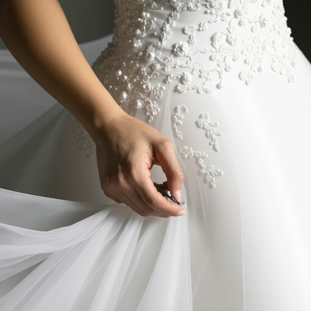 Specialist restoring delicate wedding gown with advanced techniques in Tampa studio.