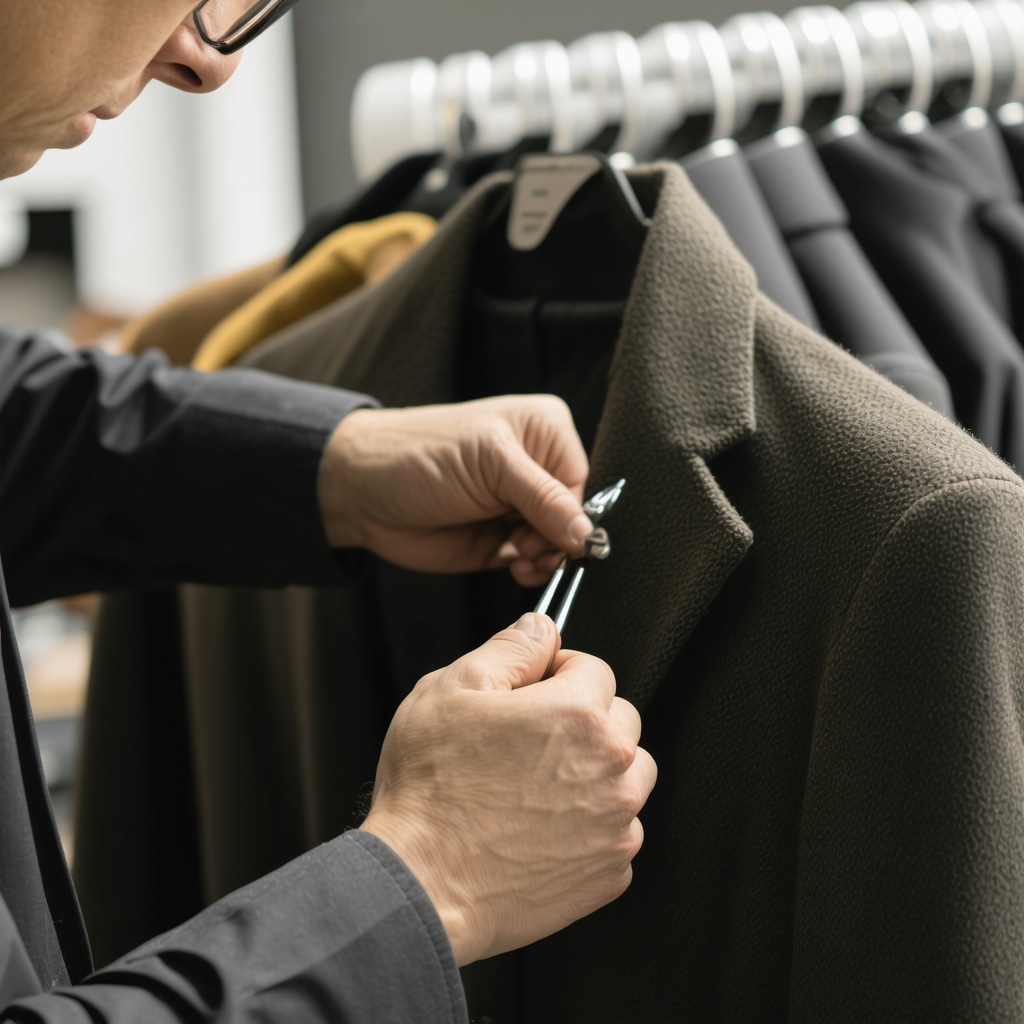 Professional inspecting a wool coat for preservation with precision tools.