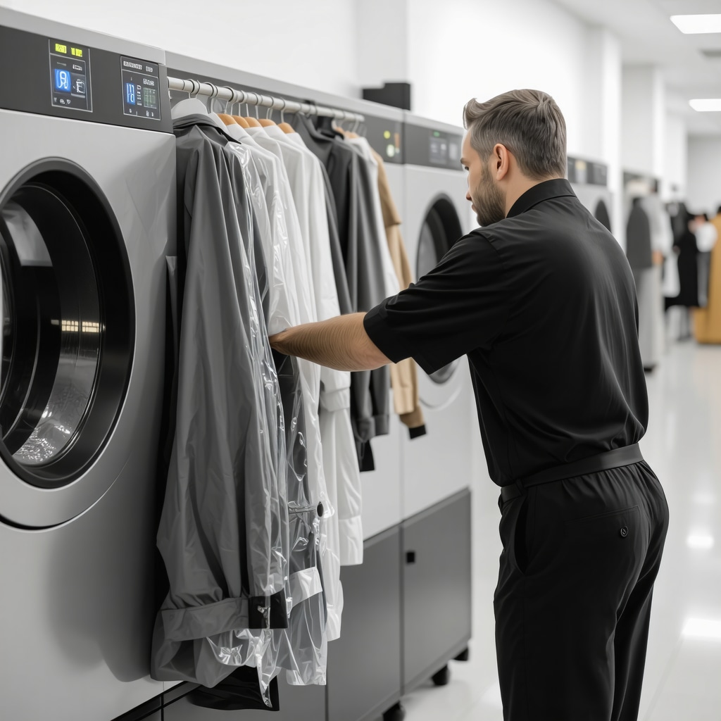 Dry cleaner operating high-tech machinery for fast garment cleaning