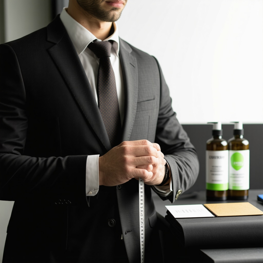 Tailor measuring a wool blazer alongside eco-friendly dry cleaning solvents