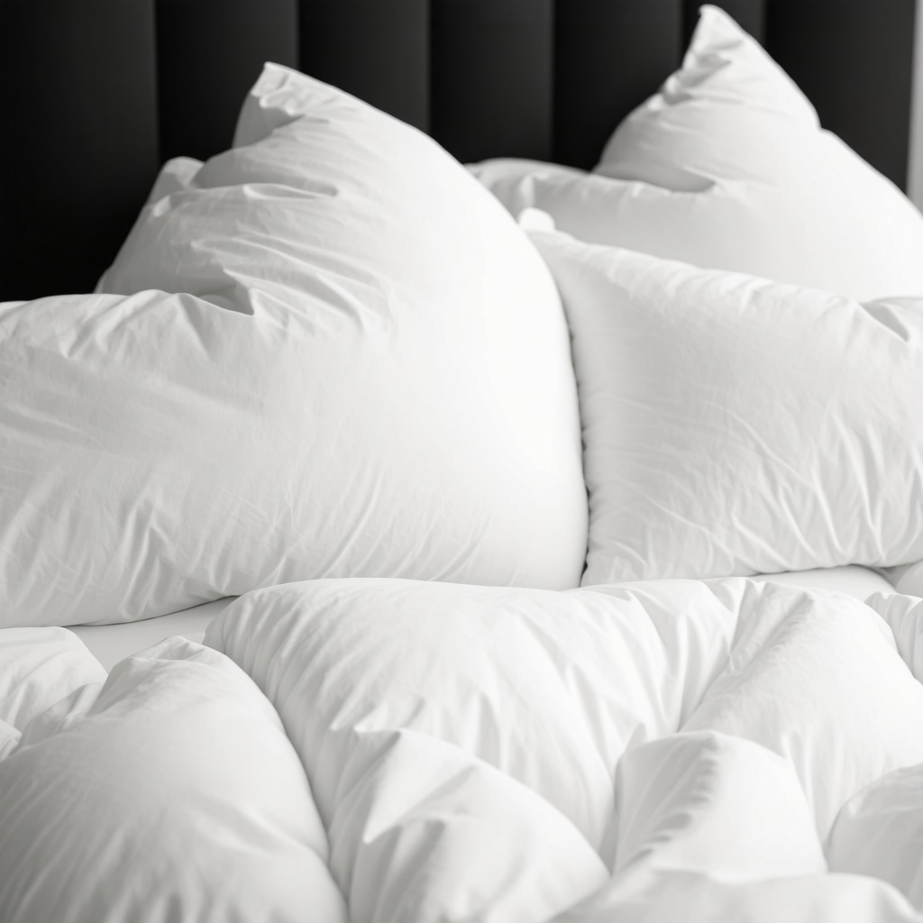 A soft, fluffy down comforter laid out on a bed in a bright, inviting bedroom.