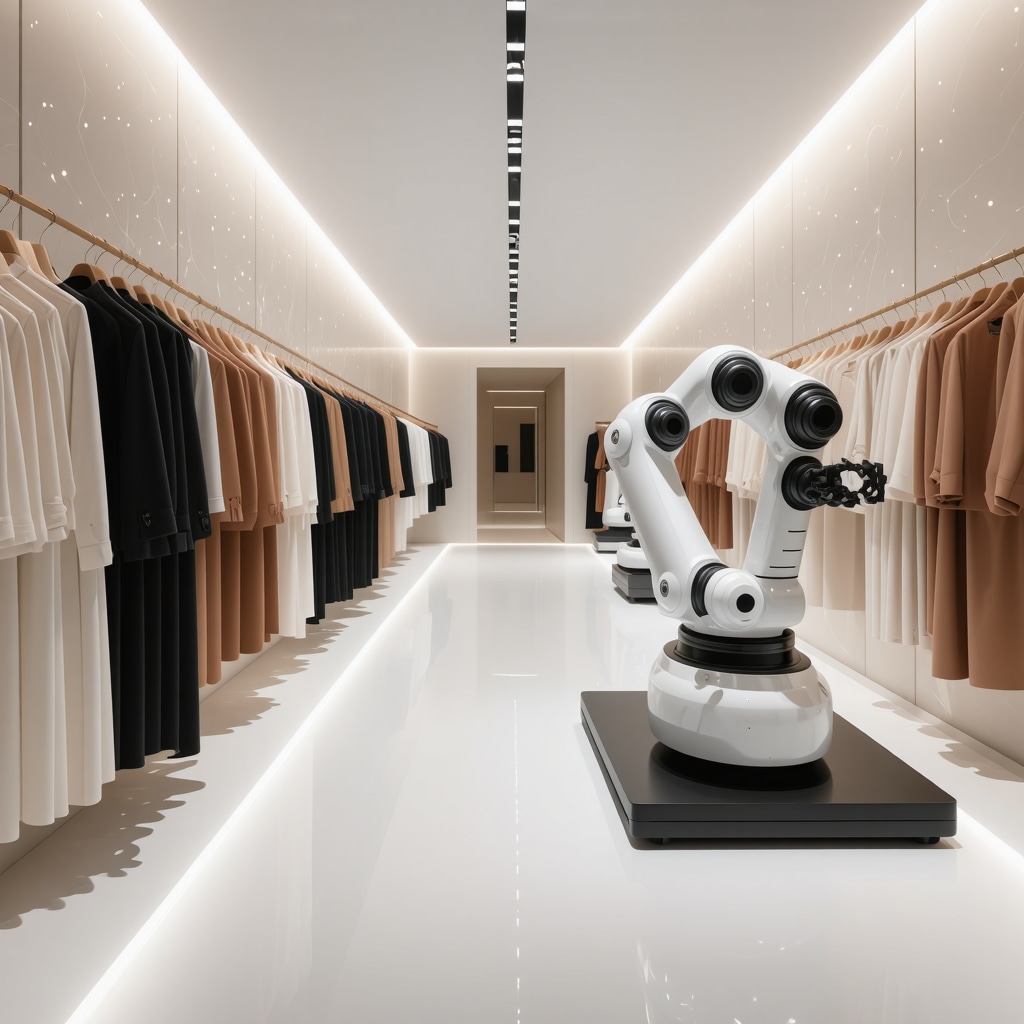 AI-operated robotic arms applying nanotech coatings to luxury garments in a high-tech dry cleaning facility
