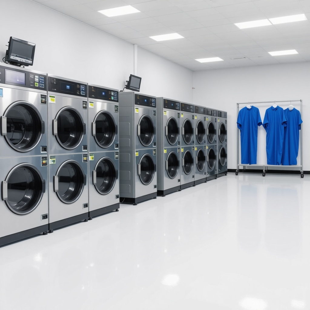 Interior of a modern dry cleaning shop with advanced cleaning machines and staff operating equipment