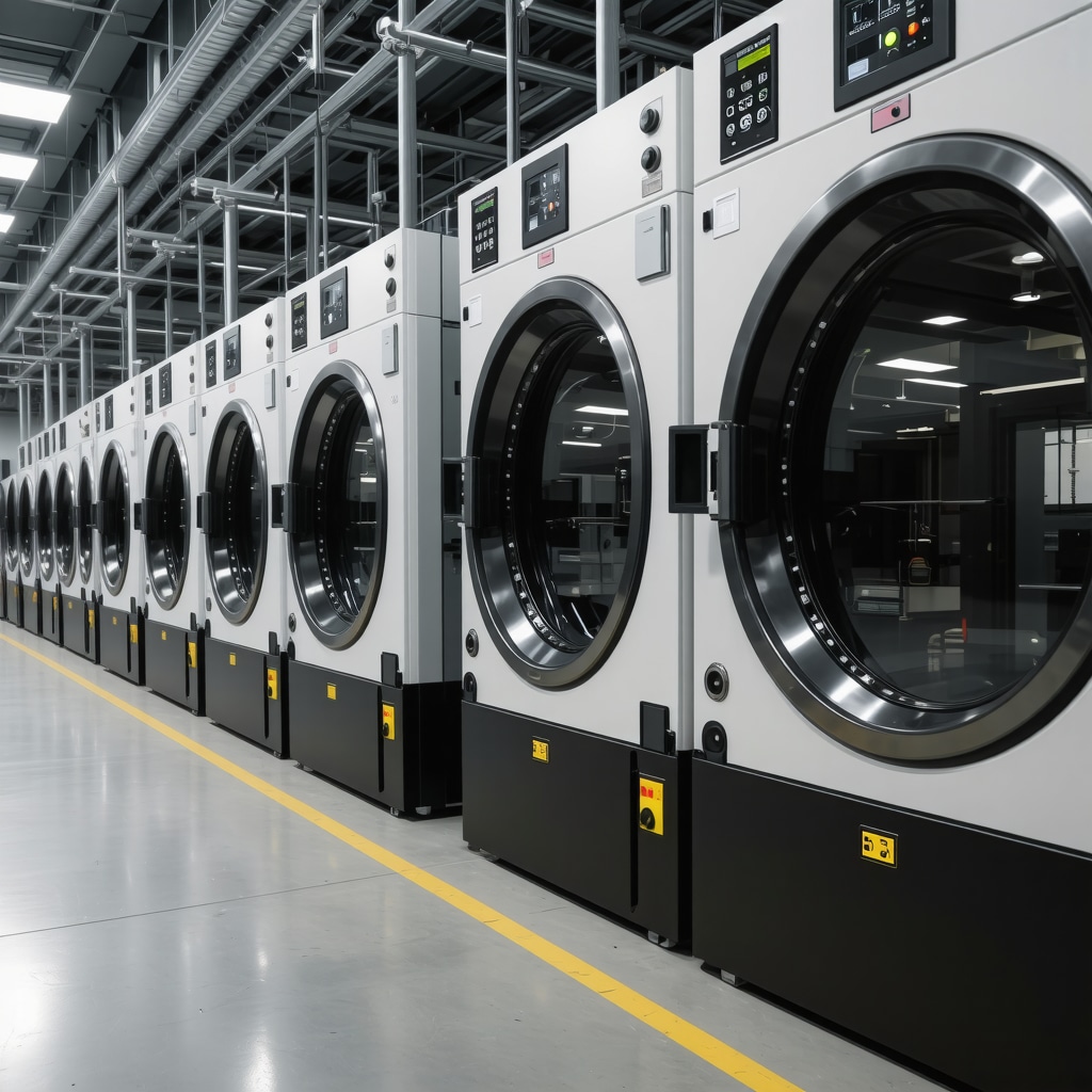 Dry cleaning facility featuring advanced solvent tanks, computerized pressing machines, and AI logistics screens