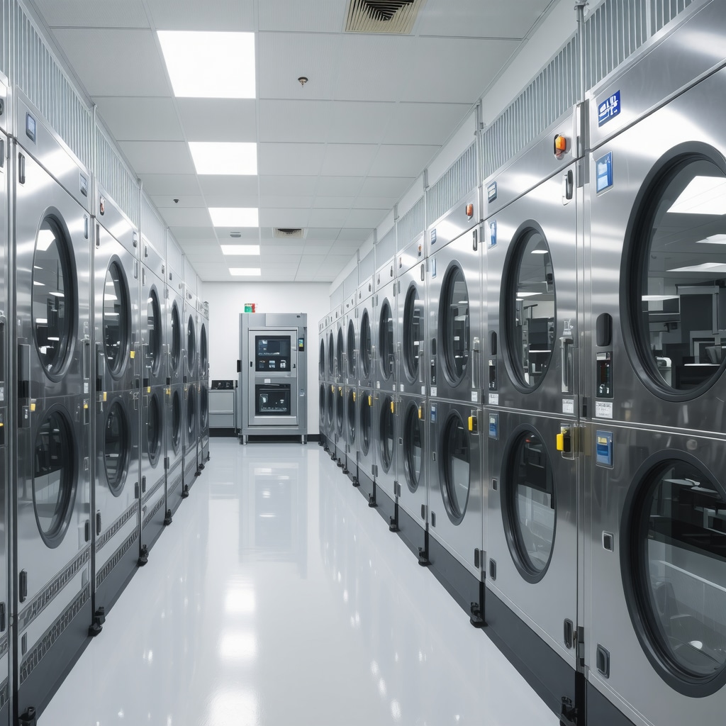 Futuristic dry cleaning equipment with advanced fabric care technologies