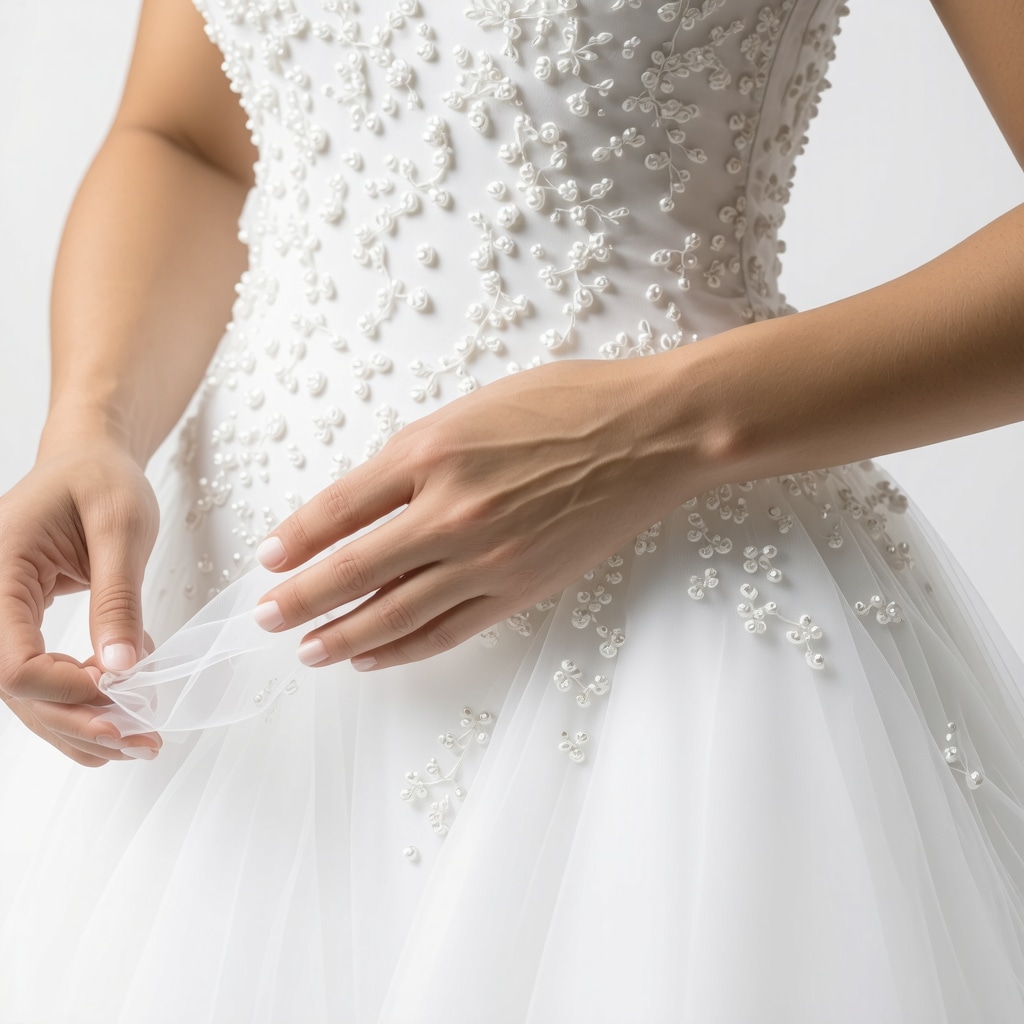 Close-up of a wedding gown with advanced preservation materials and nanotechnology