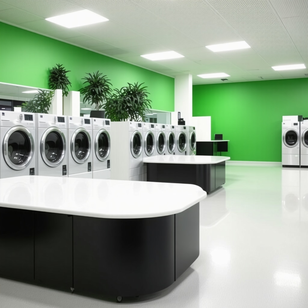 Clean, modern dry cleaning shop using eco-friendly solvents and technology