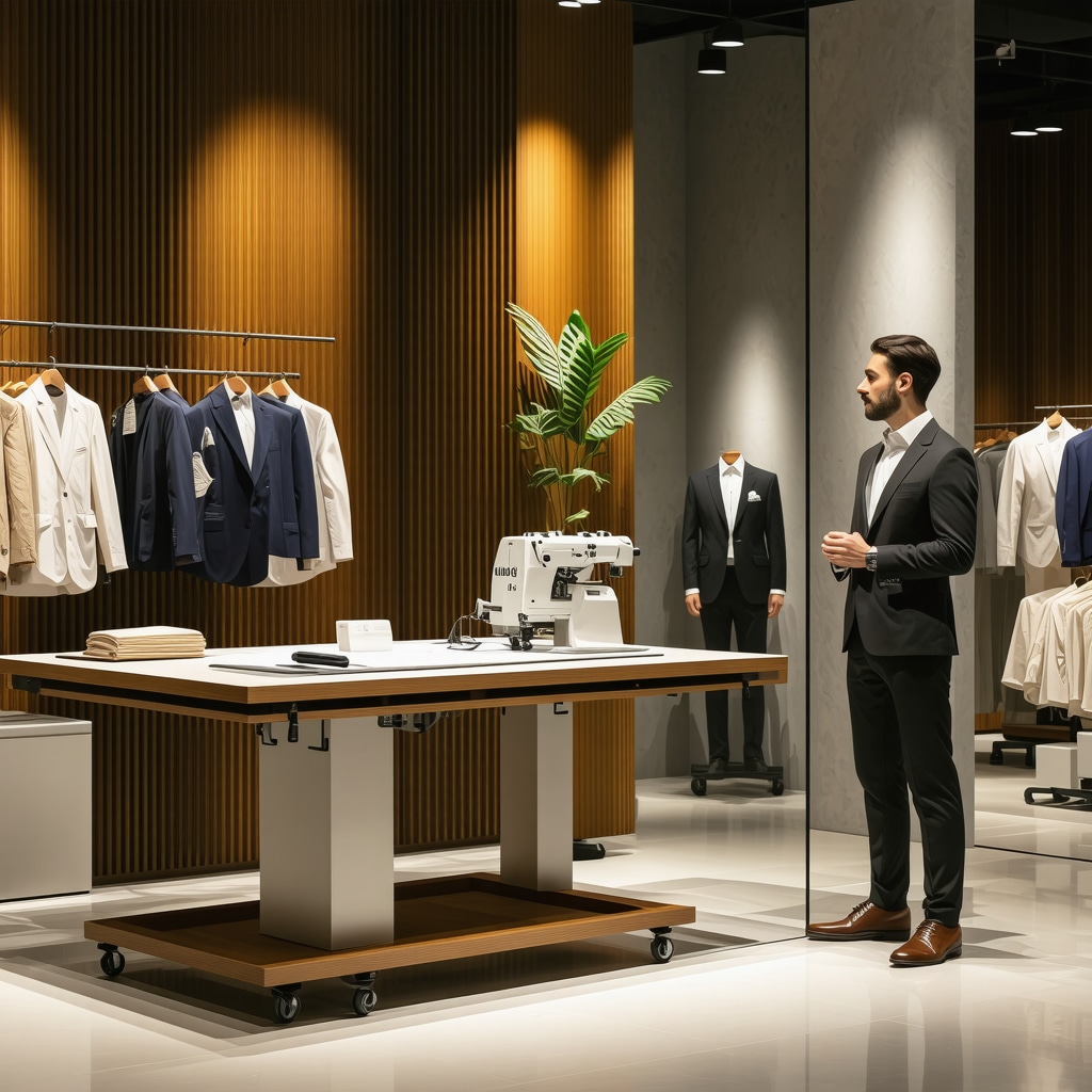 A cutting-edge Tampa tailor shop using digital tools and eco-friendly methods for precision fitting.