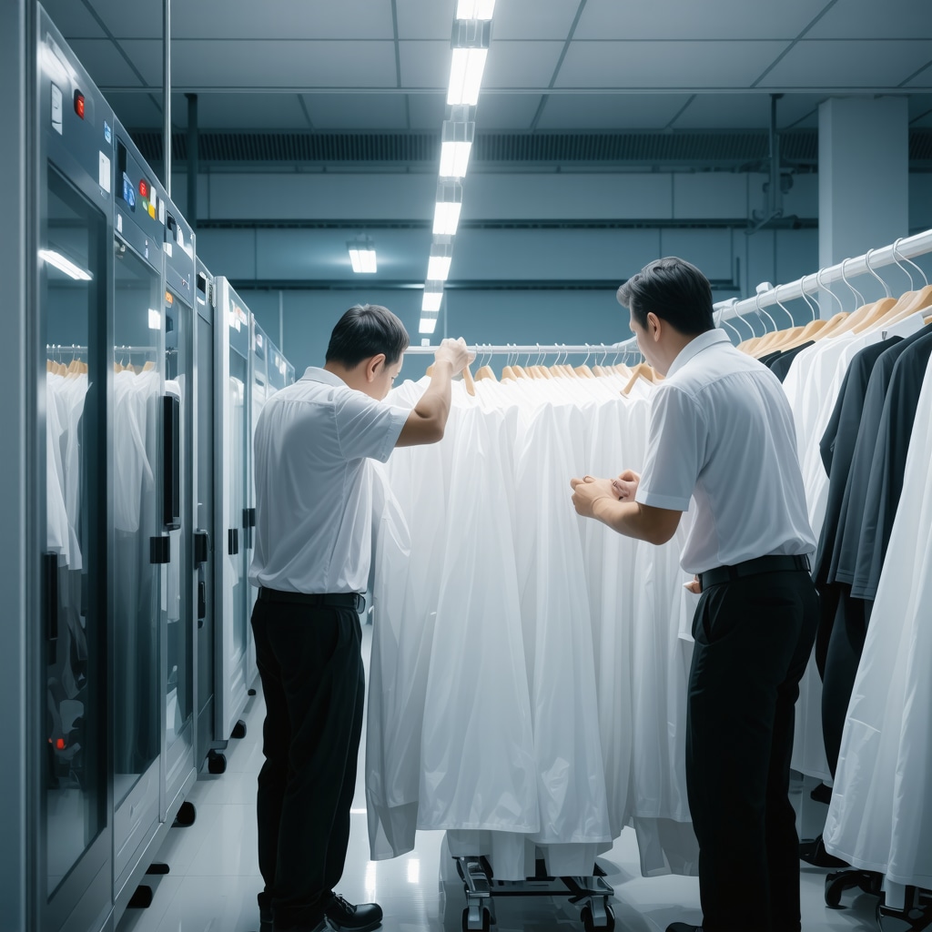 Technicians performing delicate fabric care in a modern dry cleaning facility at night