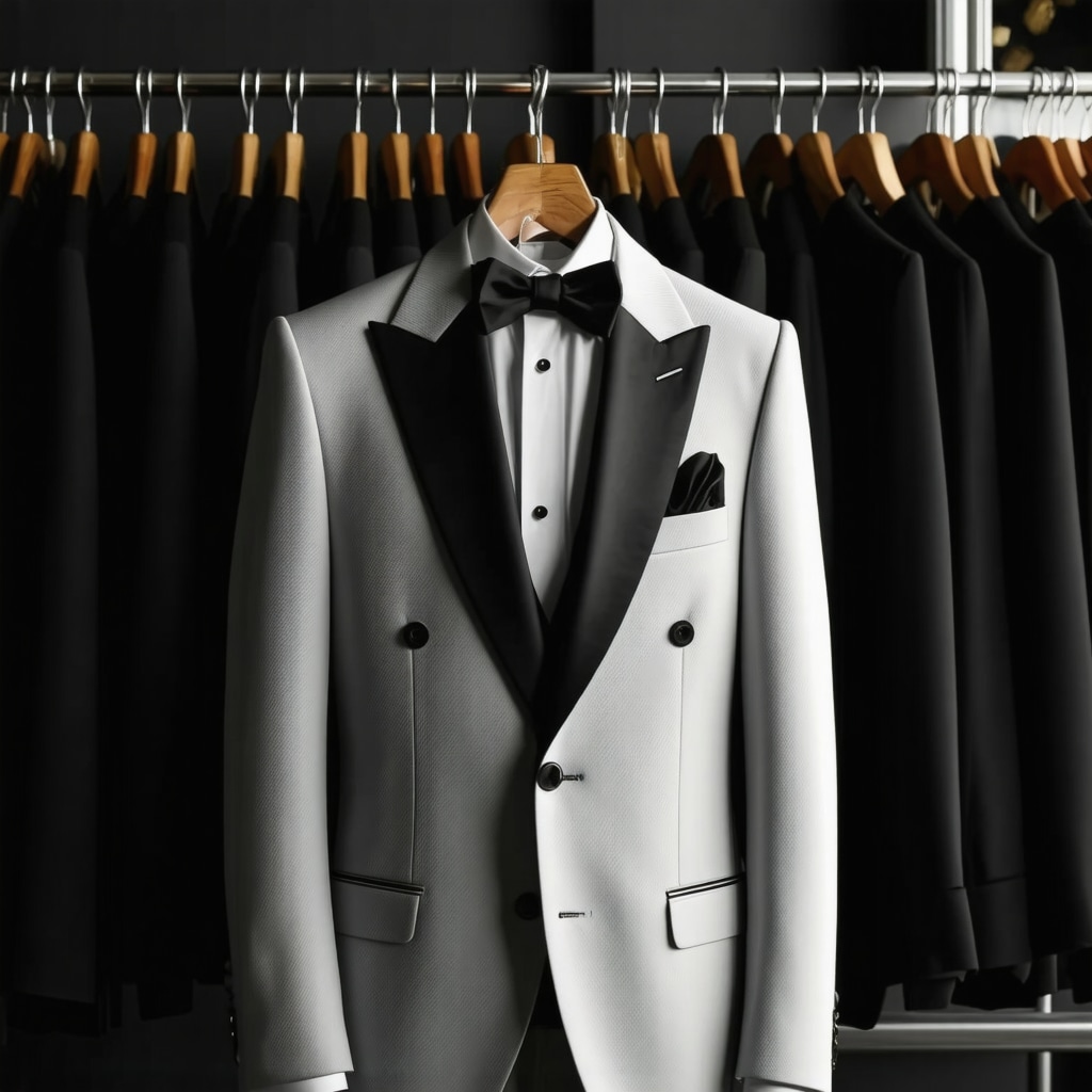 Close-up of a well-maintained tuxedo in a professional cleaning environment.