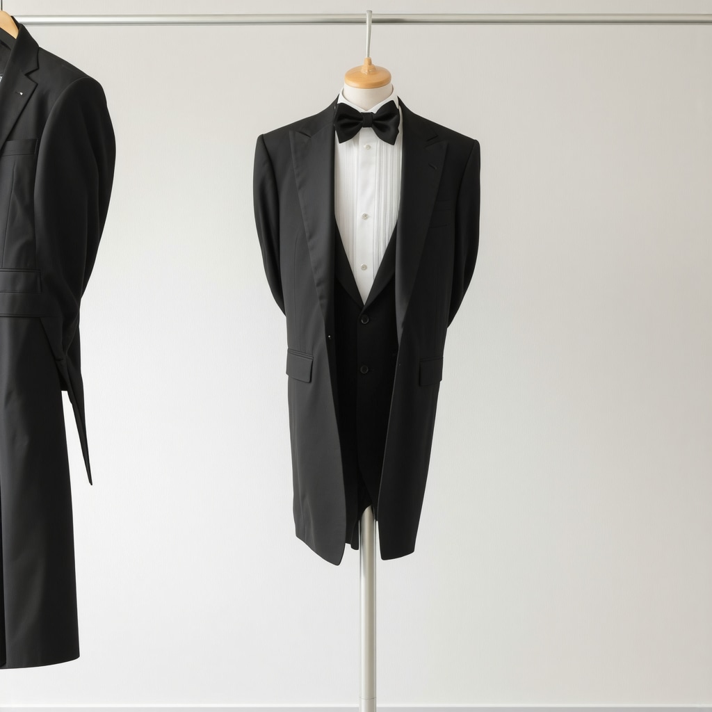 High-end tuxedo being expertly cleaned and pressed in a professional dry cleaning facility