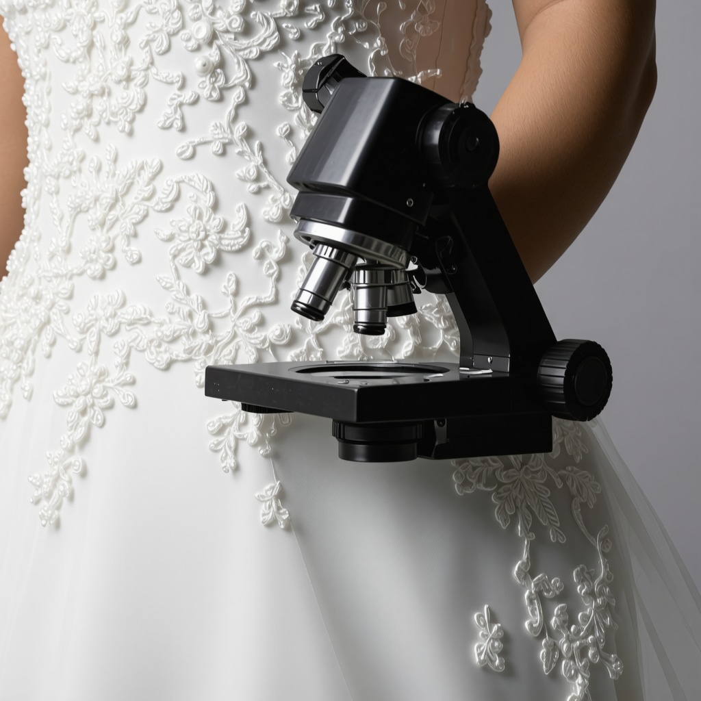 Microscopic close-up of wedding dress fabric fibers with cleaning agents applied, illustrating advanced textile care