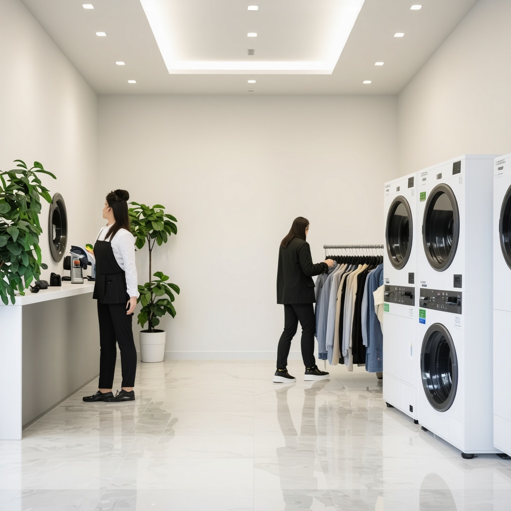 Interior of a dry cleaning shop with eco-friendly equipment and tailoring services in South Tampa