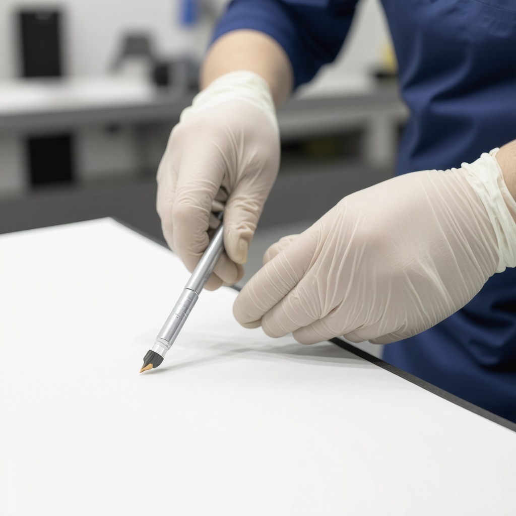 Technician applying eco-friendly nanotech treatment to a leather jacket in a professional setting.