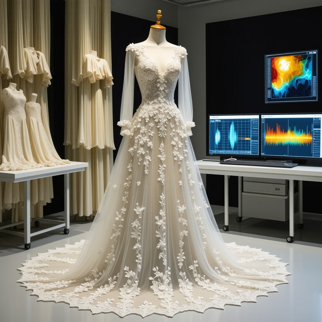 Laboratory with multispectral imaging equipment analyzing a vintage bridal gown with lace and beads