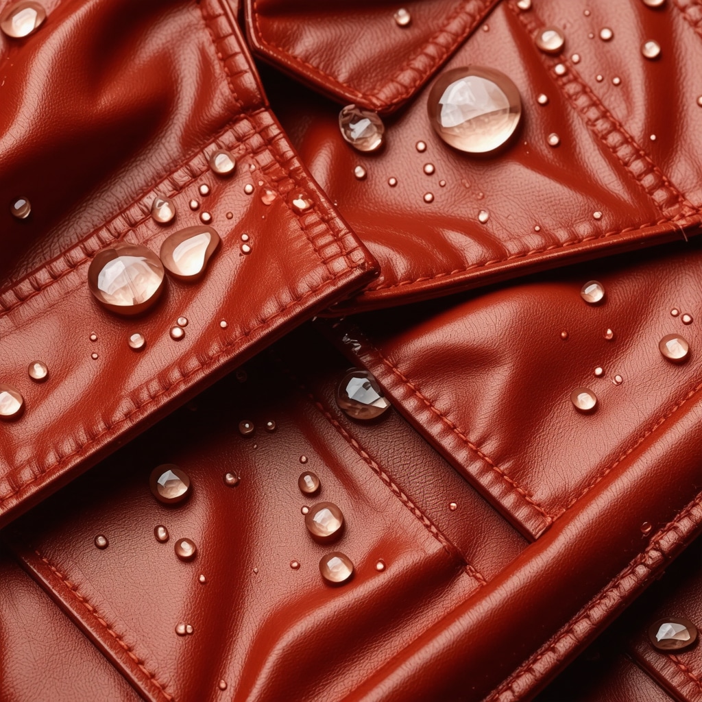 Close-up of nanocoating on leather jacket repelling water droplets in humid environment