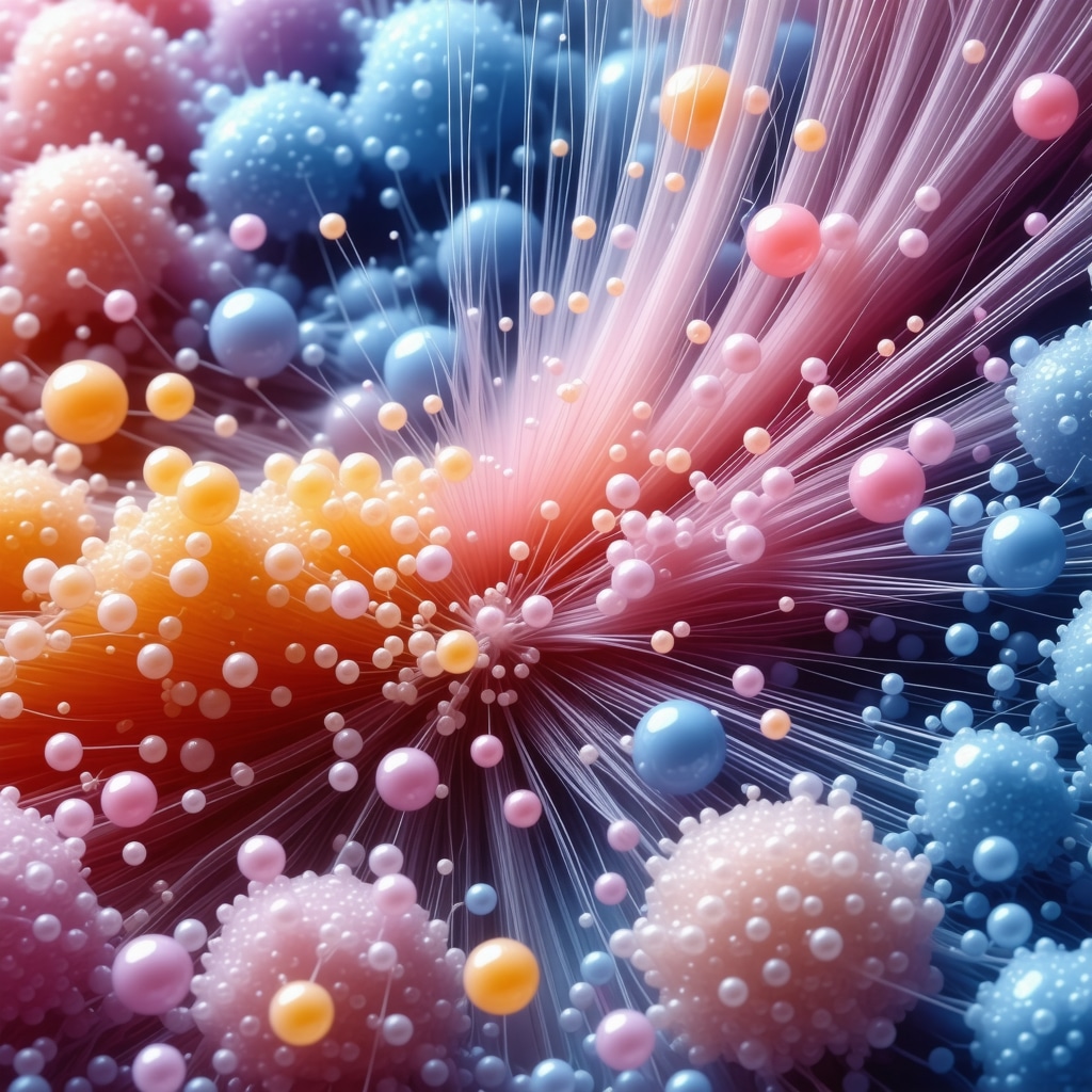 Detailed visualization of nanotechnology particles interacting with delicate fabric fibers.
