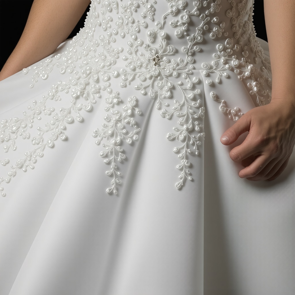 Close-up of wedding dress fabric treated with nanocoating showing nano-layer protection.