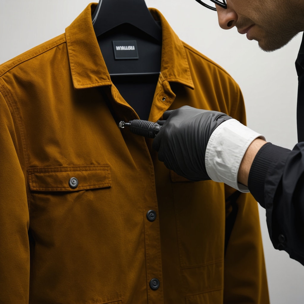 Professional technician performing laser cleaning on suede jacket with advanced equipment