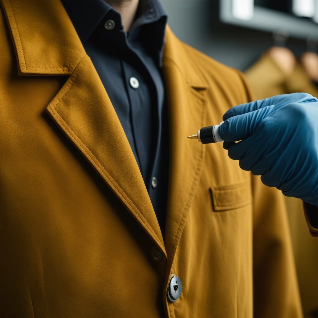 A professional gently restoring a suede jacket’s nap using specialized brushes and eco-friendly hydrophobic spray in a dry cleaning facility