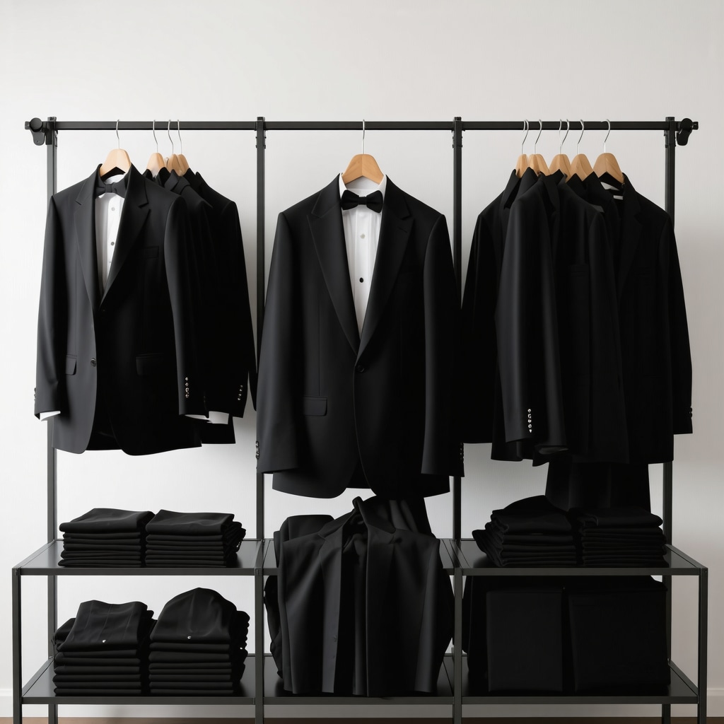 Tuxedo and suit in a dry cleaner's shop showing expert care
