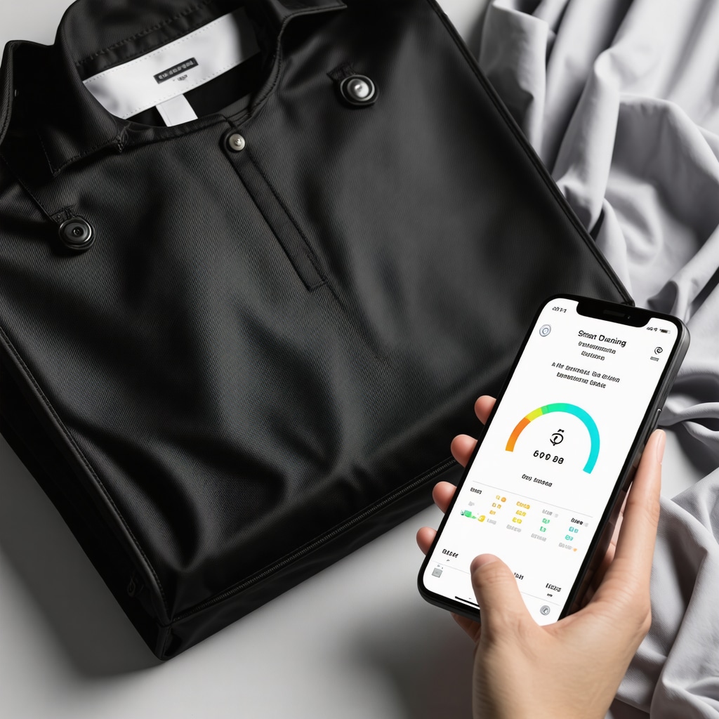 Smart dry cleaning pickup bag with sensors showing environmental data on phone app and luxury garment being packed in eco-friendly facility