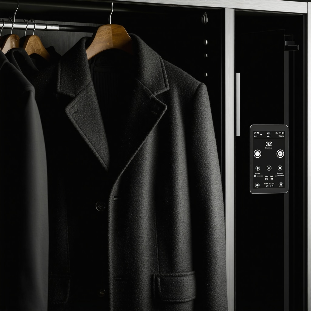 Wool coat hanging in a smart closet with humidity and temperature sensors for optimal preservation