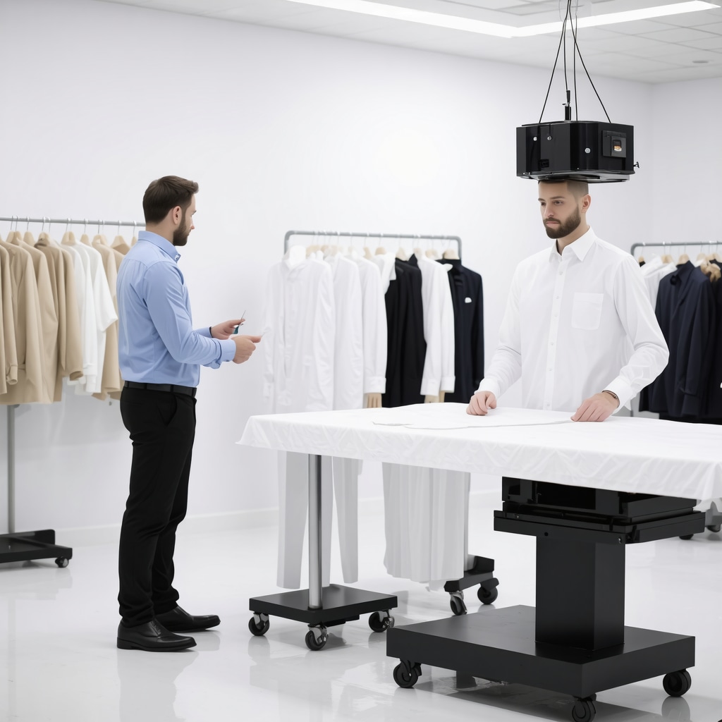 Modern dry cleaning and tailoring workshop featuring 3D body scanning and fabric analysis technology in South Tampa