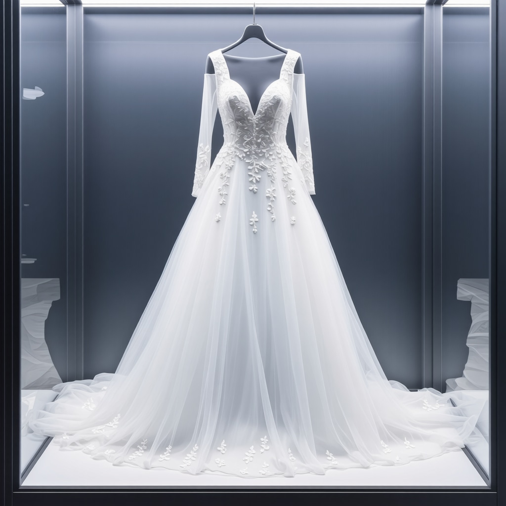 Wedding gown in climate-controlled display case demonstrating preservation technology.
