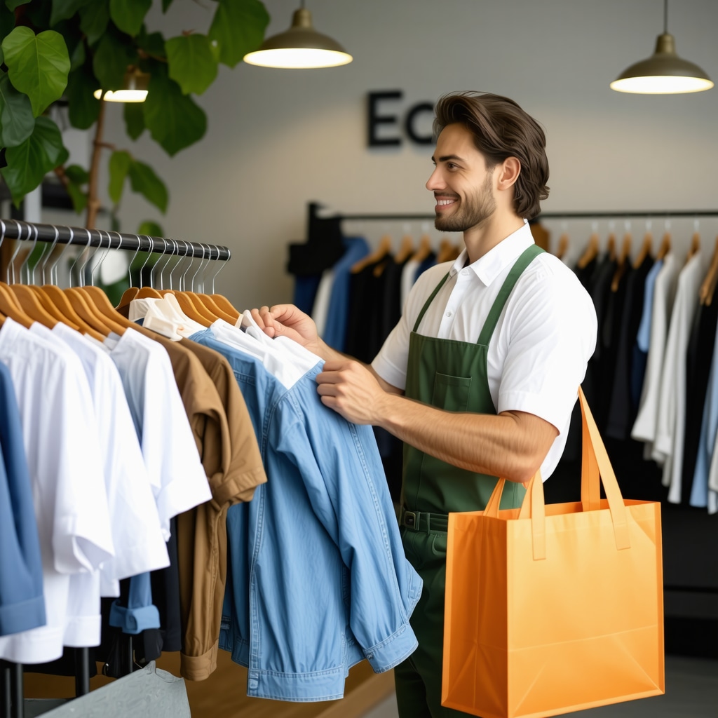 Dry cleaning professional handing over freshly cleaned clothes to customer at Tampa shop with eco-friendly signage and delivery service bags