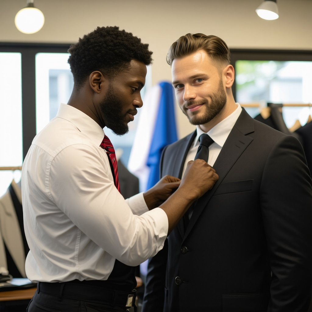Tailor fitting suit on client in Tampa shop demonstrating craftsmanship.