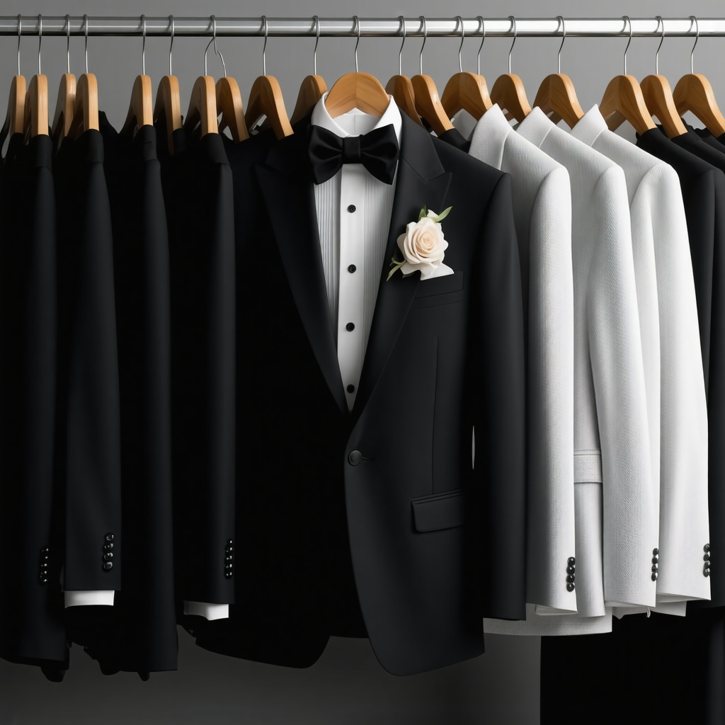 Tuxedo hanging in dry cleaner's shop with professional care equipment
