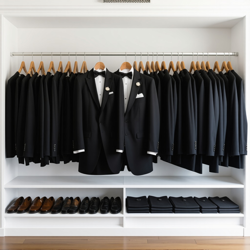 Luxury tuxedo stored in climate-controlled environment with protective coverings