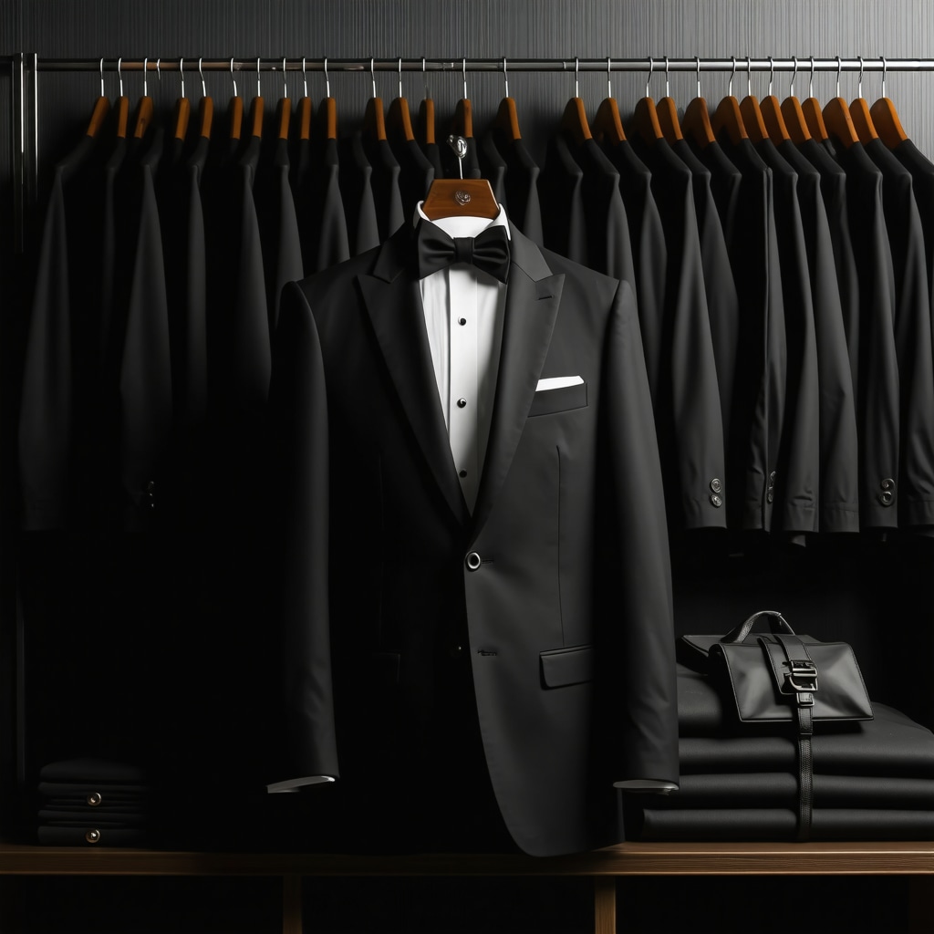 Elegant tuxedo in dry cleaner's shop with storage and preservation tools
