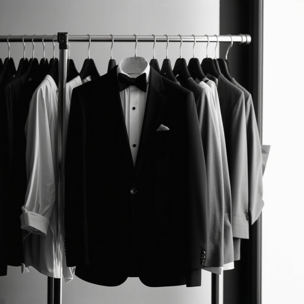 Luxury tuxedo hanging in dry cleaner's shop, emphasizing fabric care