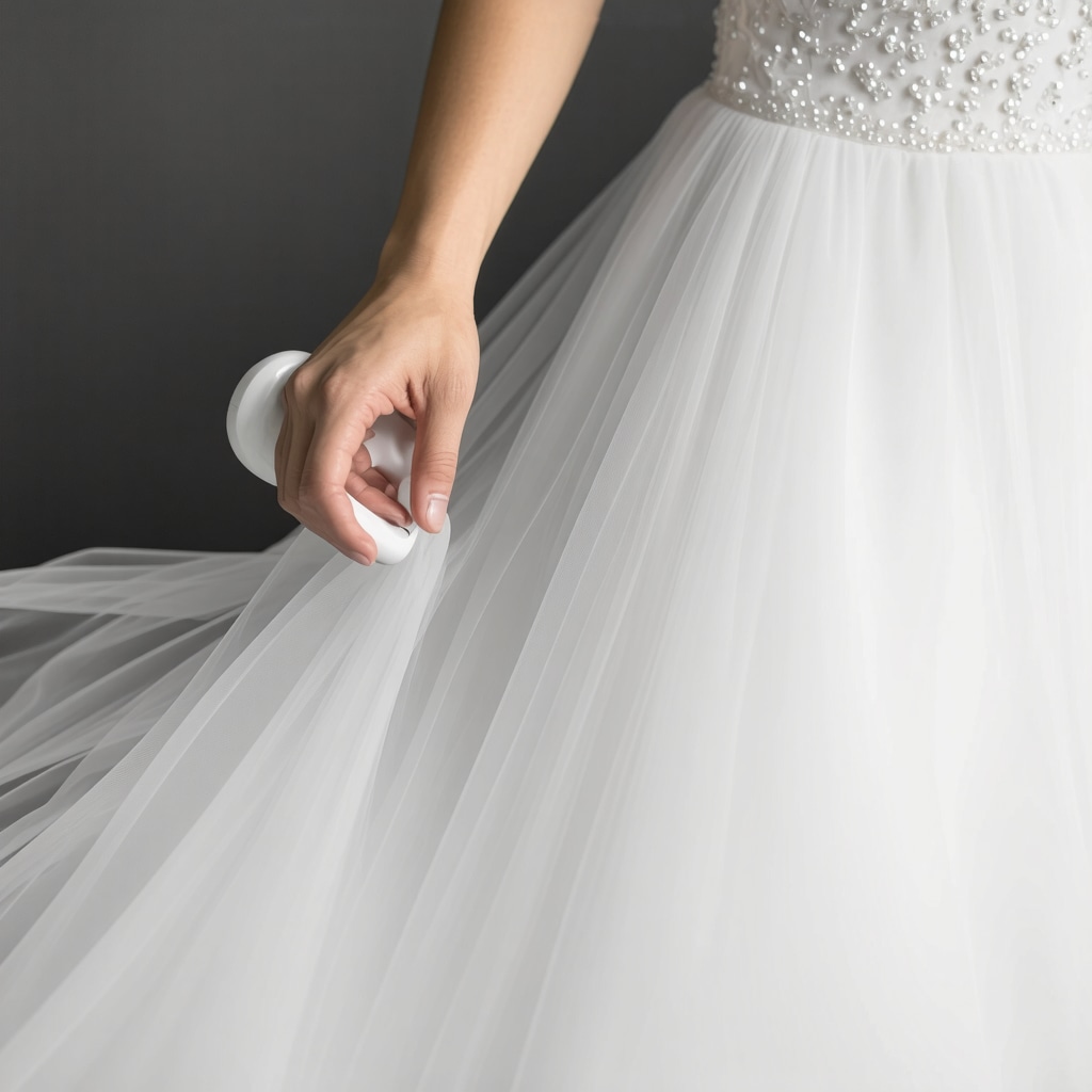 Ultrasonic cleaning device gently cleaning a wedding gown with sound waves