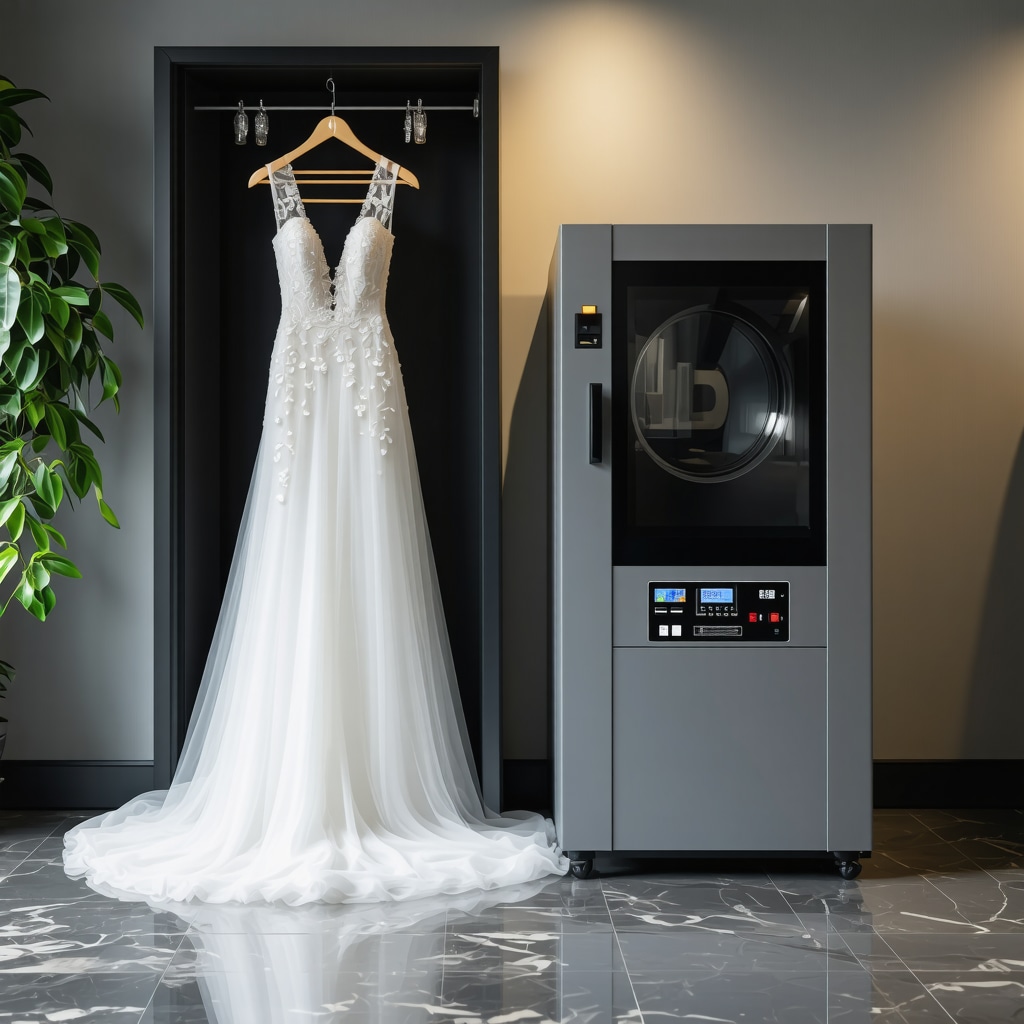 Wedding dress in preservation box alongside eco-friendly dry cleaning machinery with digital controls