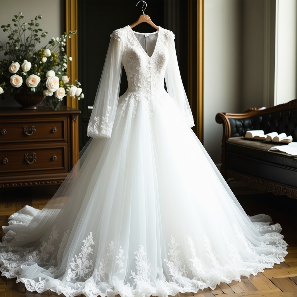 Elegant wedding gown stored in protective archival box
