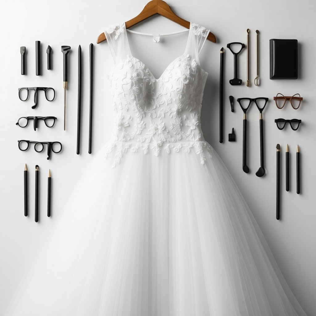 Wedding dress surrounded by preservation tools demonstrating expert care