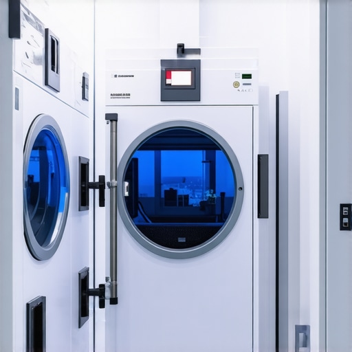 A state-of-the-art dry cleaning machine operating at night, emphasizing eco-friendly practices and modern technology.