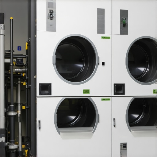 Modern dry cleaning shop with eco-friendly symbols and green certifications.