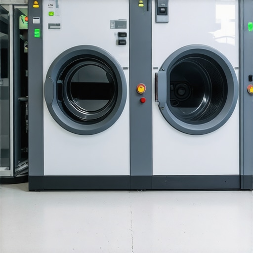 Modern dry cleaning shop using green solvents and eco-friendly practices.