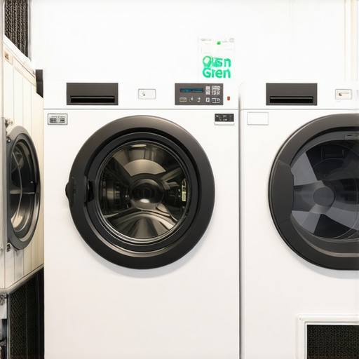 Modern eco-friendly dry cleaning equipment with green branding in a Tampa facility.