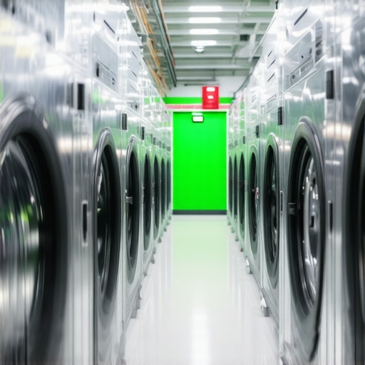 High-tech eco-friendly dry cleaning machines in a green-lit environment