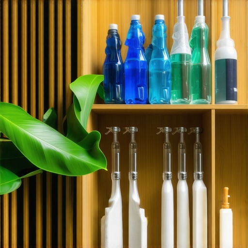 Modern dry cleaning equipment with eco-friendly symbols and biodegradable cleaning solutions.