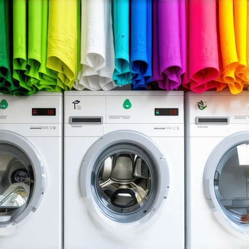 A modern dry cleaning plant using green technology and eco-friendly methods with staff and fabrics.