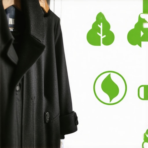 A stylish wool coat hanging in a closet with eco-friendly care symbols