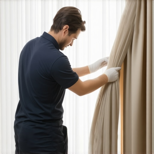 Professional cleaner handling delicate curtains with care in a contemporary living room.