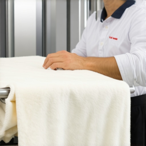 Dry cleaner carefully cleaning a cashmere blanket with eco-friendly tools in a modern facility.