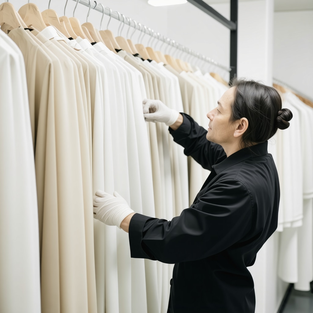 Dry cleaner carefully cleaning silk garments in a professional setting.